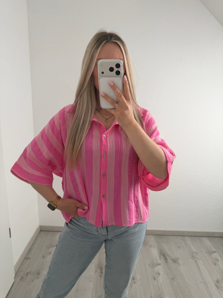 KURZARM STREIFENMUSSELINBLUSE
