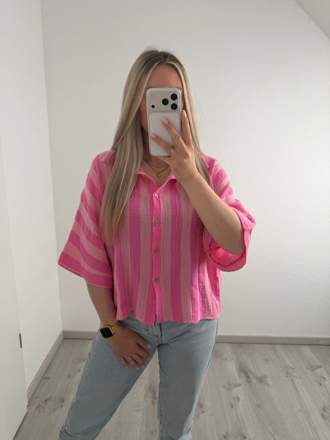 KURZARM STREIFENMUSSELINBLUSE